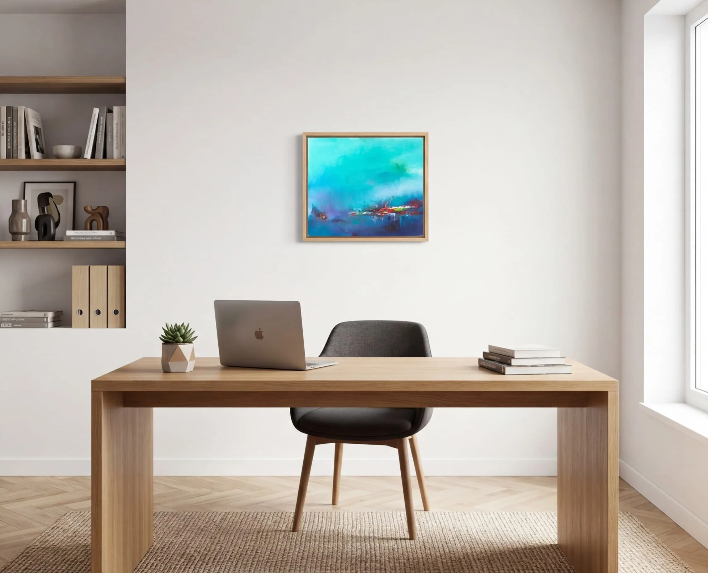 Tableau abstrait bleu Mirage Brumeux mis en scène au-dessus d'un canapé