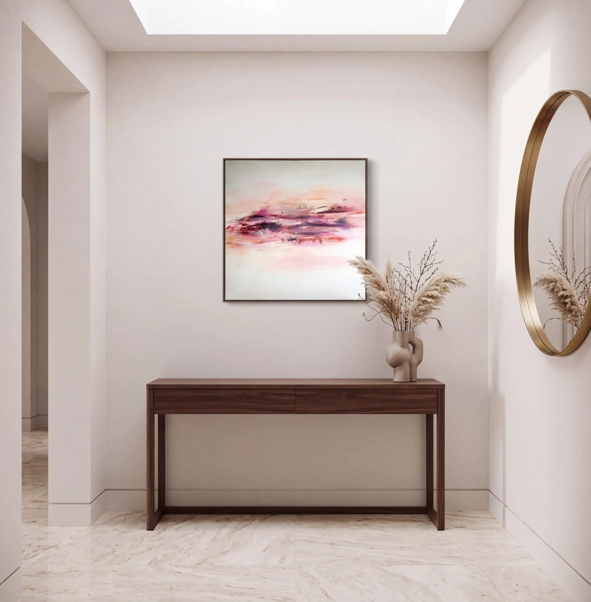 Tableau abstrait rose La Paix mis en scène dans une pièce apaisante