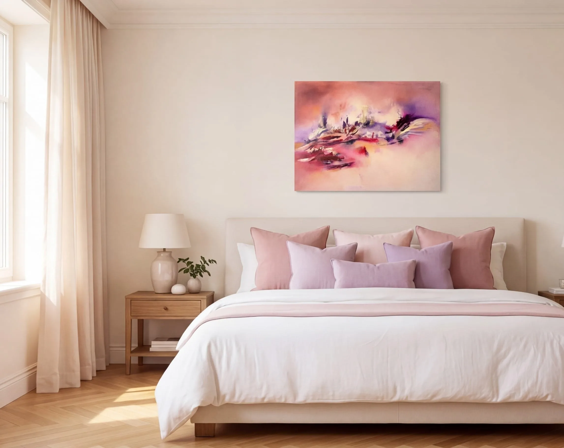 Tableau abstrait rose Illusion Magique mis en scène dans un intérieur contemporain