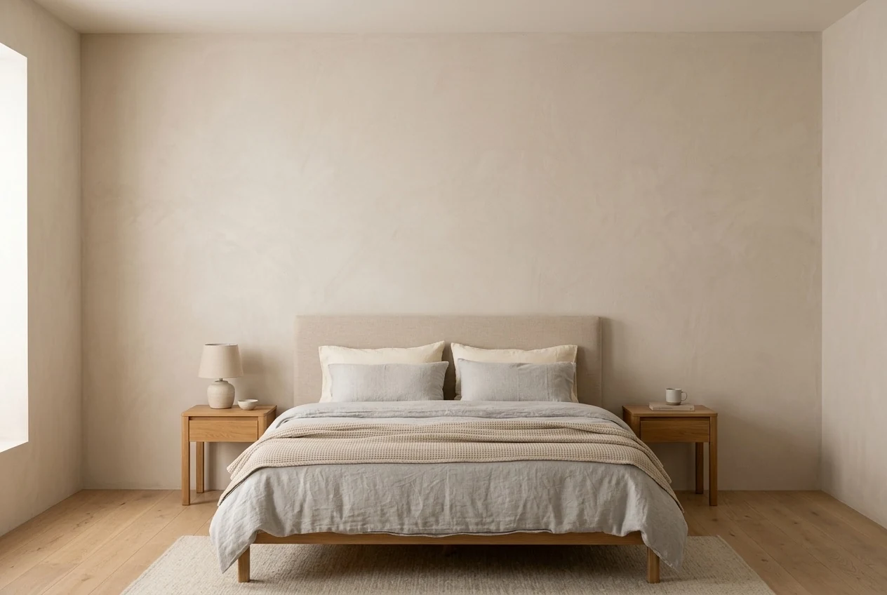 Tableau abstrait accroché au mur d'une chambre, à hauteur des yeux